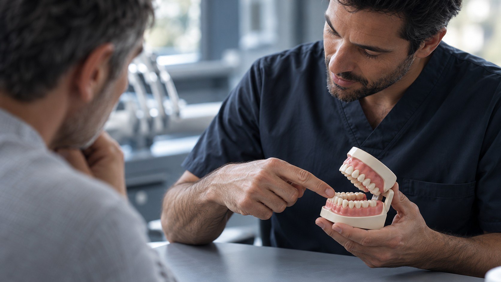 Dentista mostra su un modello le componenti di una riabilitazione implantare