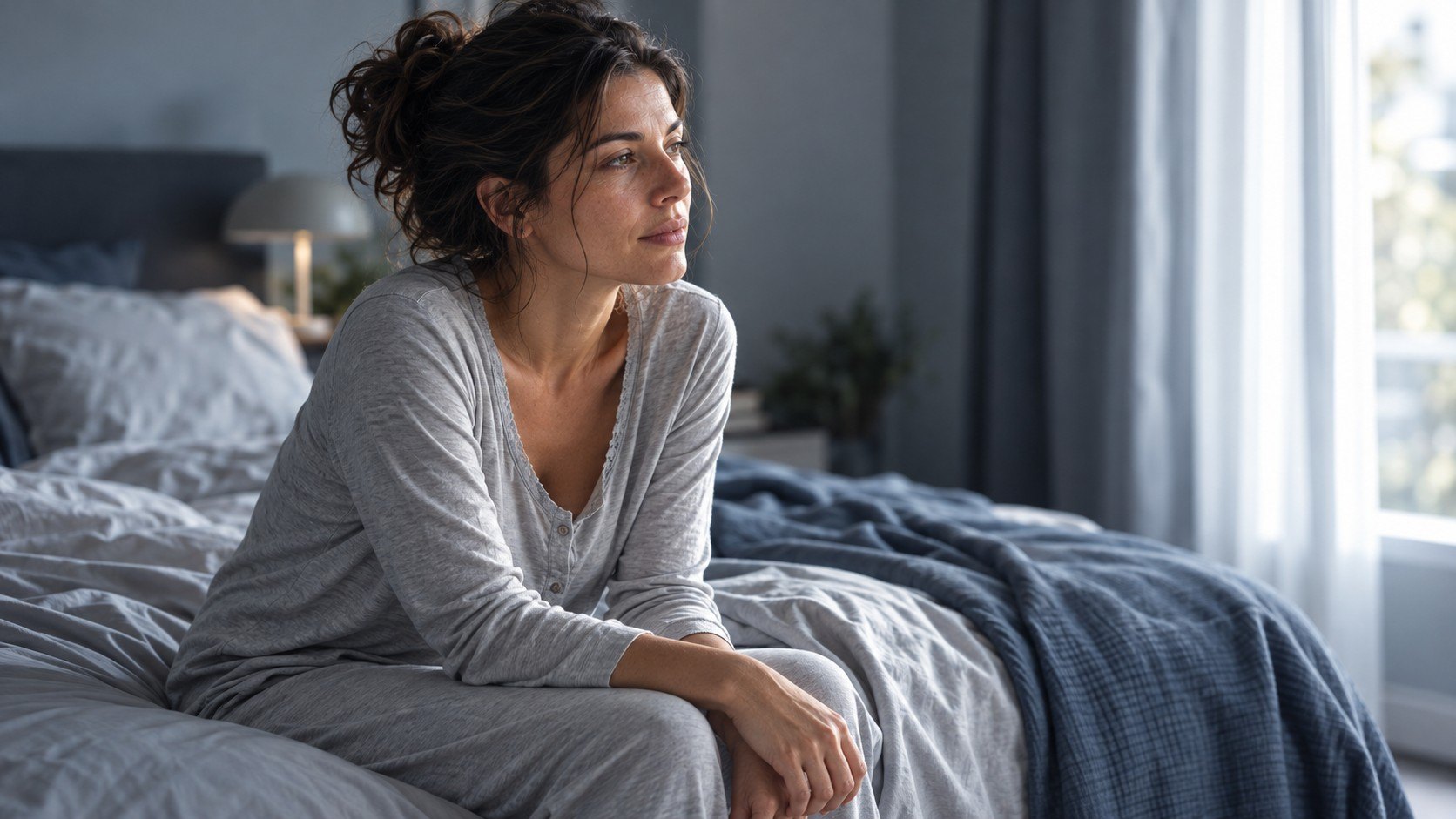 Donna seduta sul letto al risveglio con rigidità alla mandibola